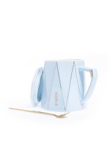 Luxury Kaşıklı Kapaklı Seramik Kupa Bardak Mavi