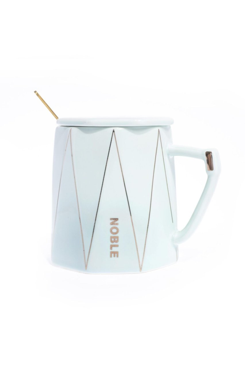 Luxury Kaşıklı Kapaklı Seramik Kupa Bardak Yeşil