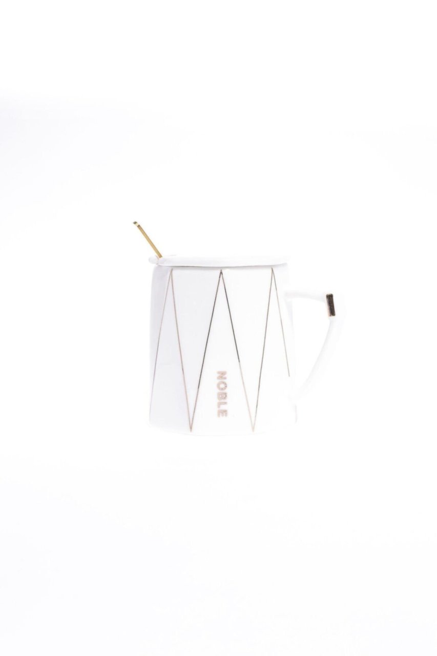 Luxury Kaşıklı Kapaklı Seramik Kupa Bardak Beyaz