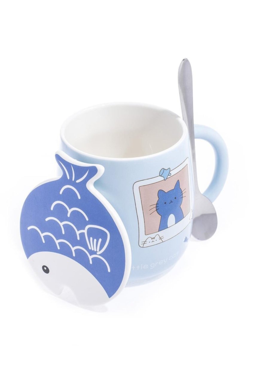 Balık ve Kedi Tasarım Kapaklı Kaşıklı Seramik Kupa Mavi