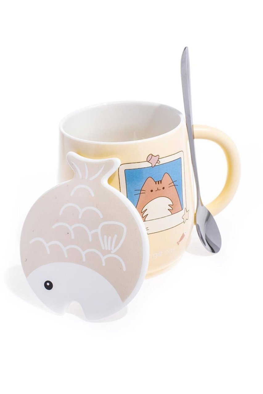 Balık ve Kedi Tasarım Kapaklı Kaşıklı Seramik Kupa Pembe