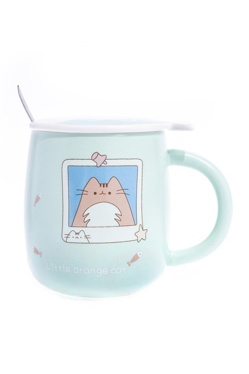 Balık ve Kedi Tasarım Kapaklı Kaşıklı Seramik Kupa Yeşil