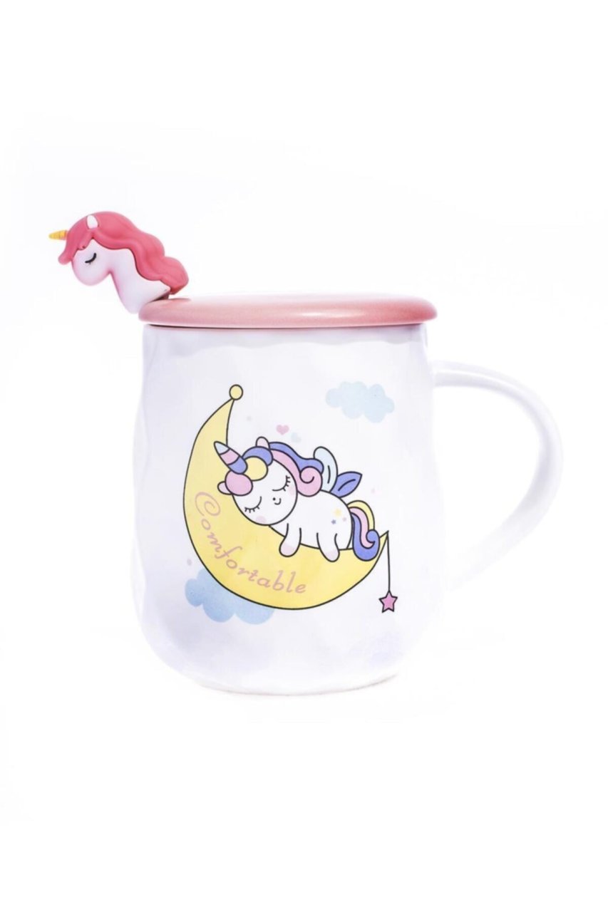 3D Seramik Unicorn Kupa Kapaklı Kaşıklı Bardak