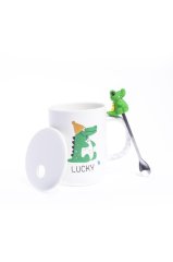 Dinozor Tasarımlı Kaşıklı Kapaklı Seramik Kupa