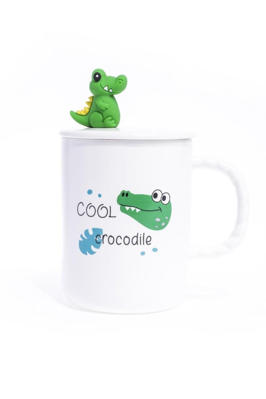 Dinozor Tasarımlı Kaşıklı Kapaklı Seramik Kupa