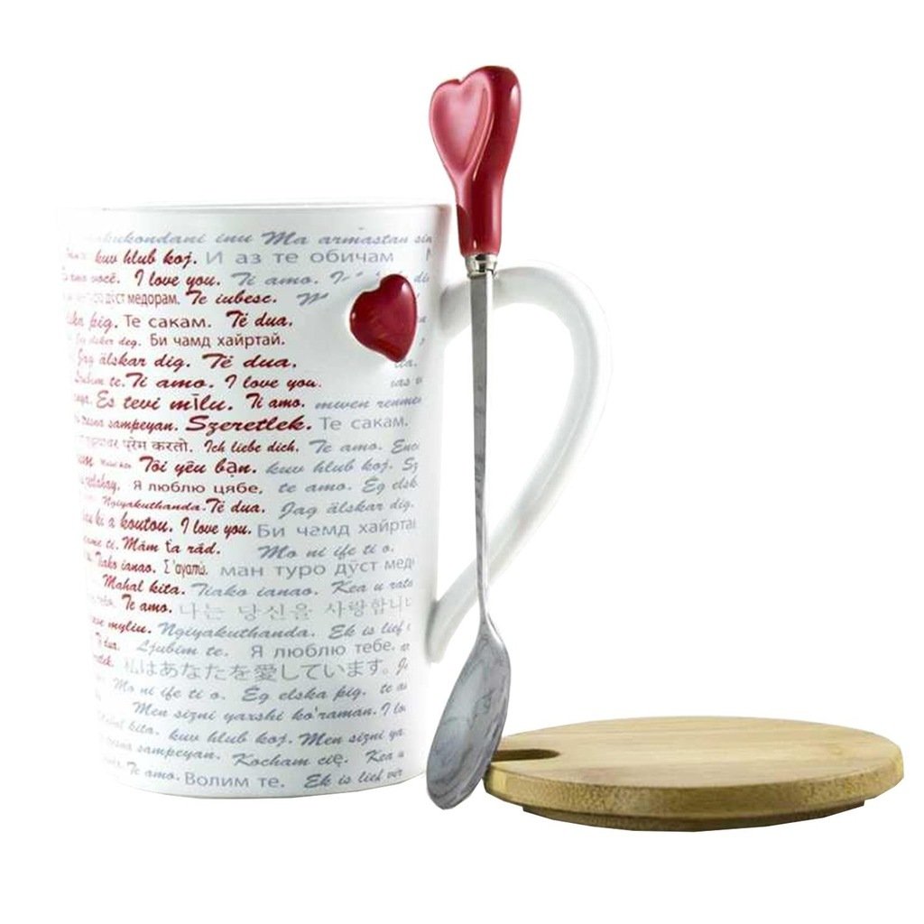100 Dilde Seni Seviyorum Yazılı Kapaklı Kaşıklı Kupa Bardak