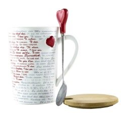 100 Dilde Seni Seviyorum Yazılı Kapaklı Kaşıklı Kupa Bardak