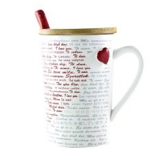 100 Dilde Seni Seviyorum Yazılı Kapaklı Kaşıklı Kupa Bardak