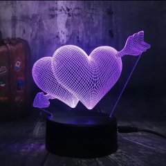 3D Oklu Çift Kalp Ledli Gece Lambası Renk Değiştiren