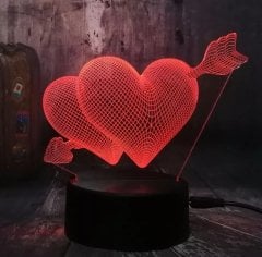 3D Oklu Çift Kalp Ledli Gece Lambası Renk Değiştiren