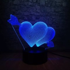3D Oklu Çift Kalp Ledli Gece Lambası Renk Değiştiren