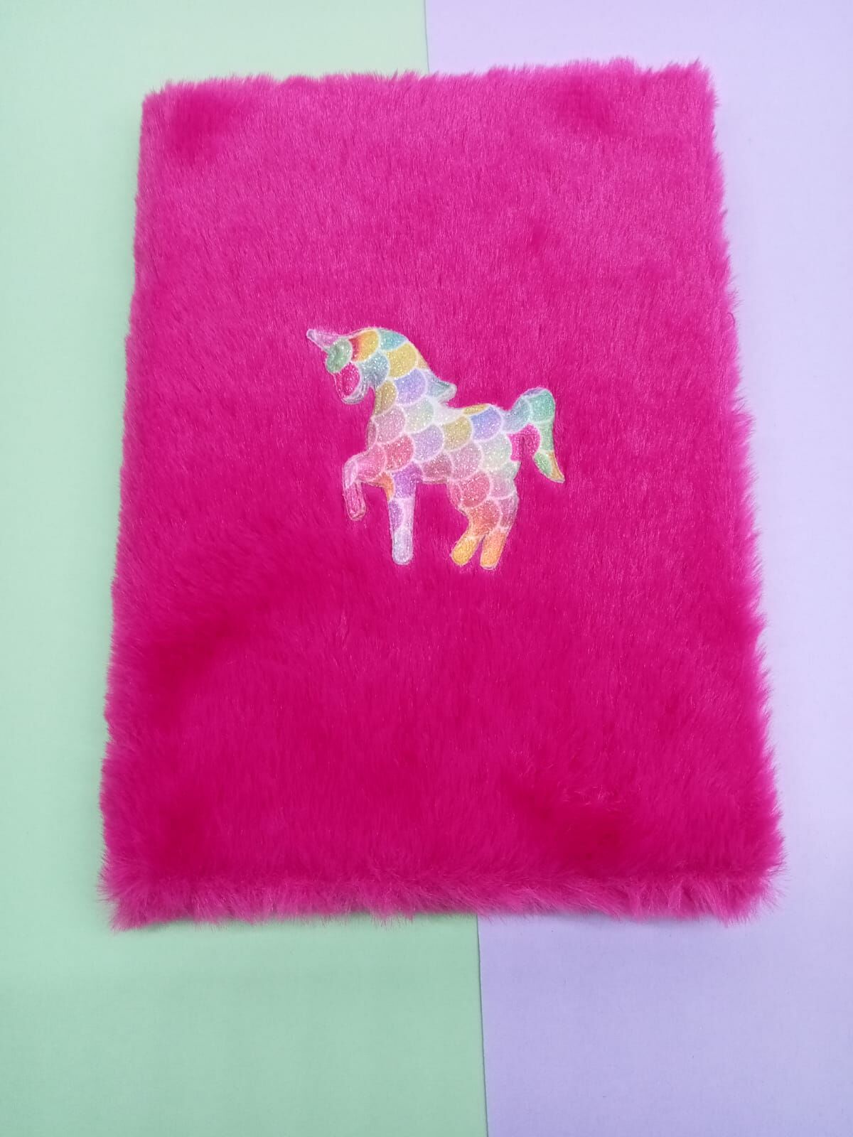 Pembe Simli Renkli Unicorn Peluş Çizgili Defter A5