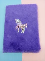 Mor Pullu Unicorn Peluş Çizgili Defter A5